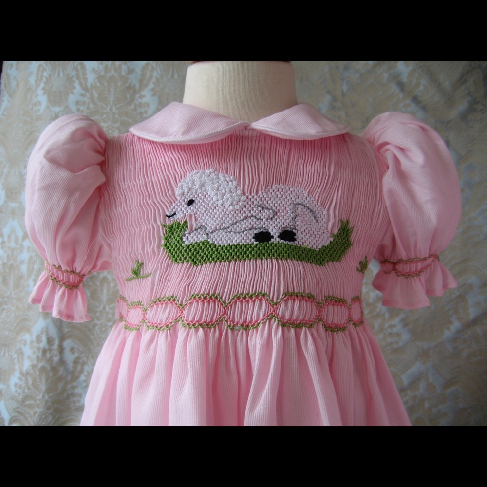Lamb Smocked Dress 100% Cotton Spring Pink - Picture 3 of 7